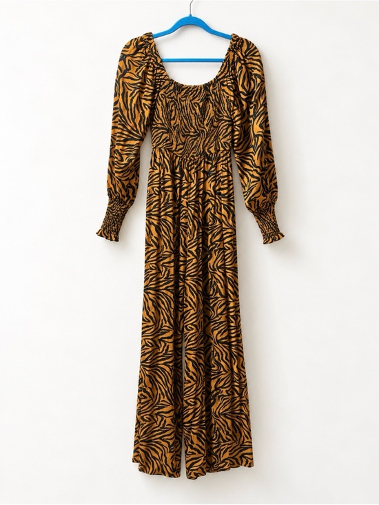 Kachel Dresses & Skirts - Smocked Tiger-Print Maxi Dress in Mustard and Black
